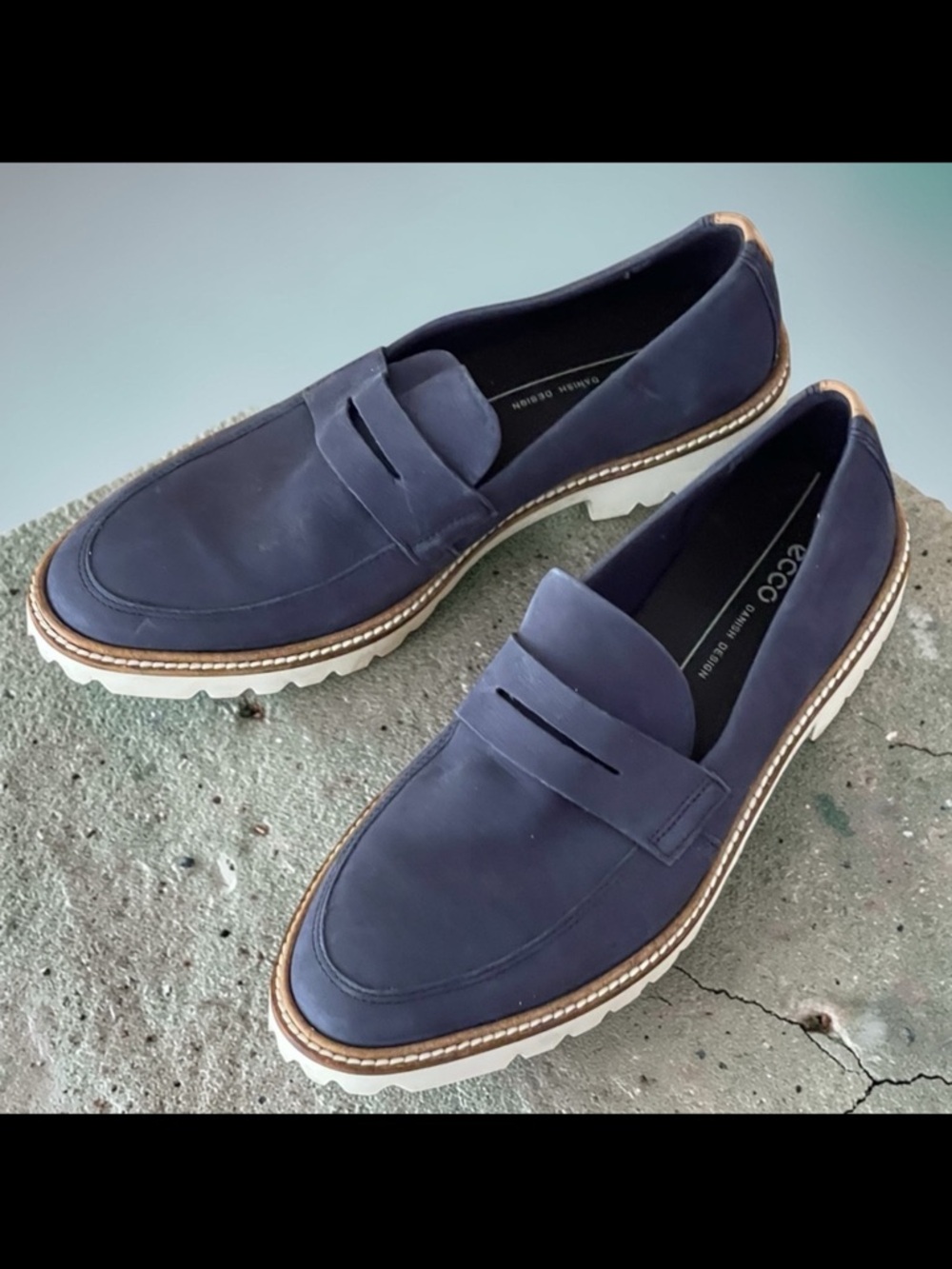 Ecco Navy Blue Suede Modern Tailored Penny Loafers Sz 37 | 6/6.5 White Soles